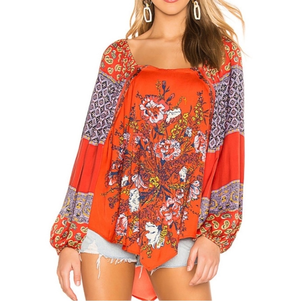 Free People Floral Bohemian Red Blouse